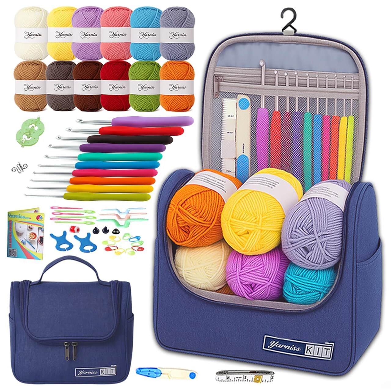 Crochet Kits for Beginners,All in One Crochet Kits with 840 Yards Crochet Yarn,Ergonomic Crochet Hooks Set with Yarn for Adults,Navy